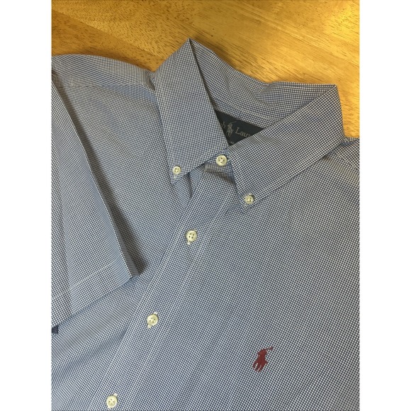 Ralph Lauren Classic Fit Mens Short Sleeve Button Down Shirt Blue/White Check Lg - Picture 1 of 6